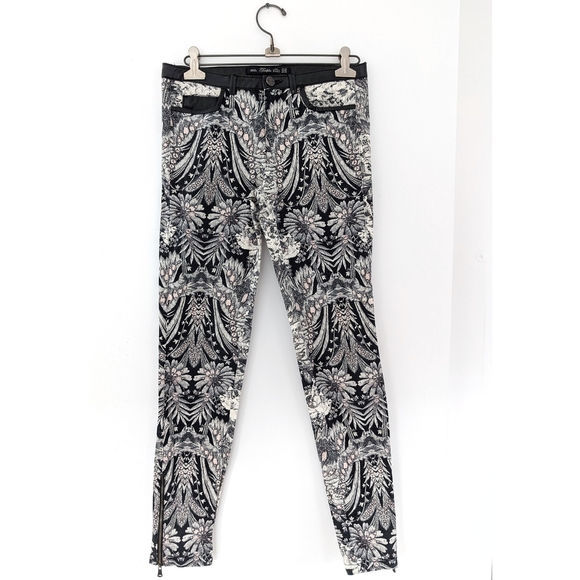 2/15$Zara Trafaluc Black and White Patterned Pants With Leather-like Trim Size 2 - Picture 1 of 11